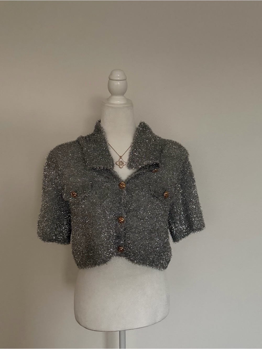 NWT BALBOA Silver Metallic Eyelash Knit Cropped Cardigan Short Sleeve S